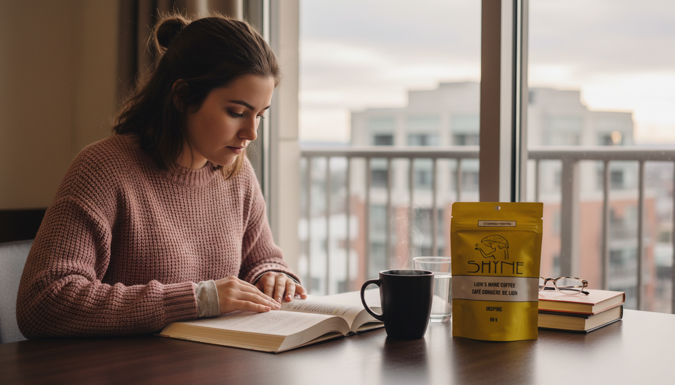 Student studying at library desk with mushroom coffee, focused and calm atmosphere, natural lighting