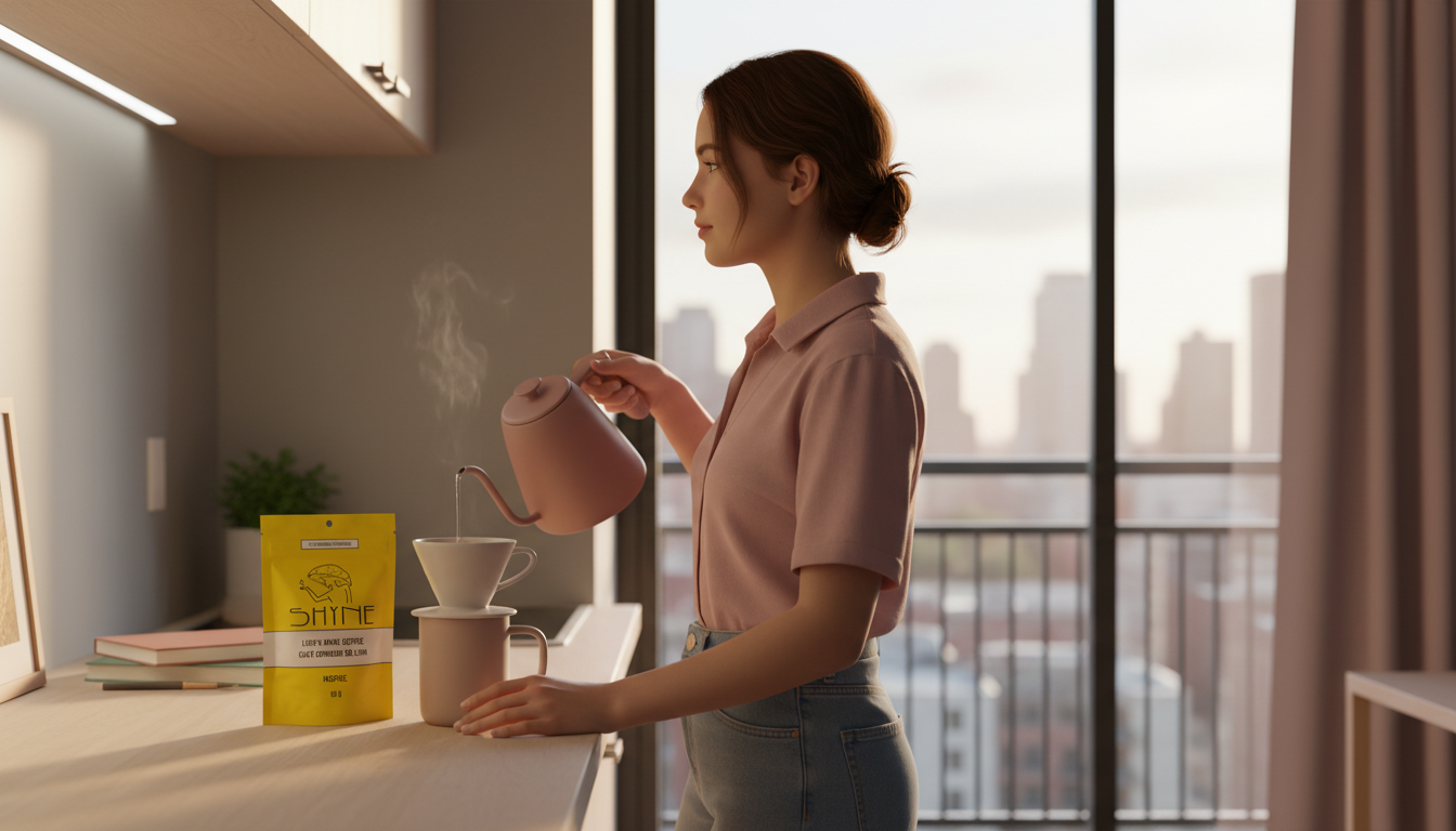 Student preparing mushroom coffee in modern dorm room kitchen, morning routine, bright and energetic