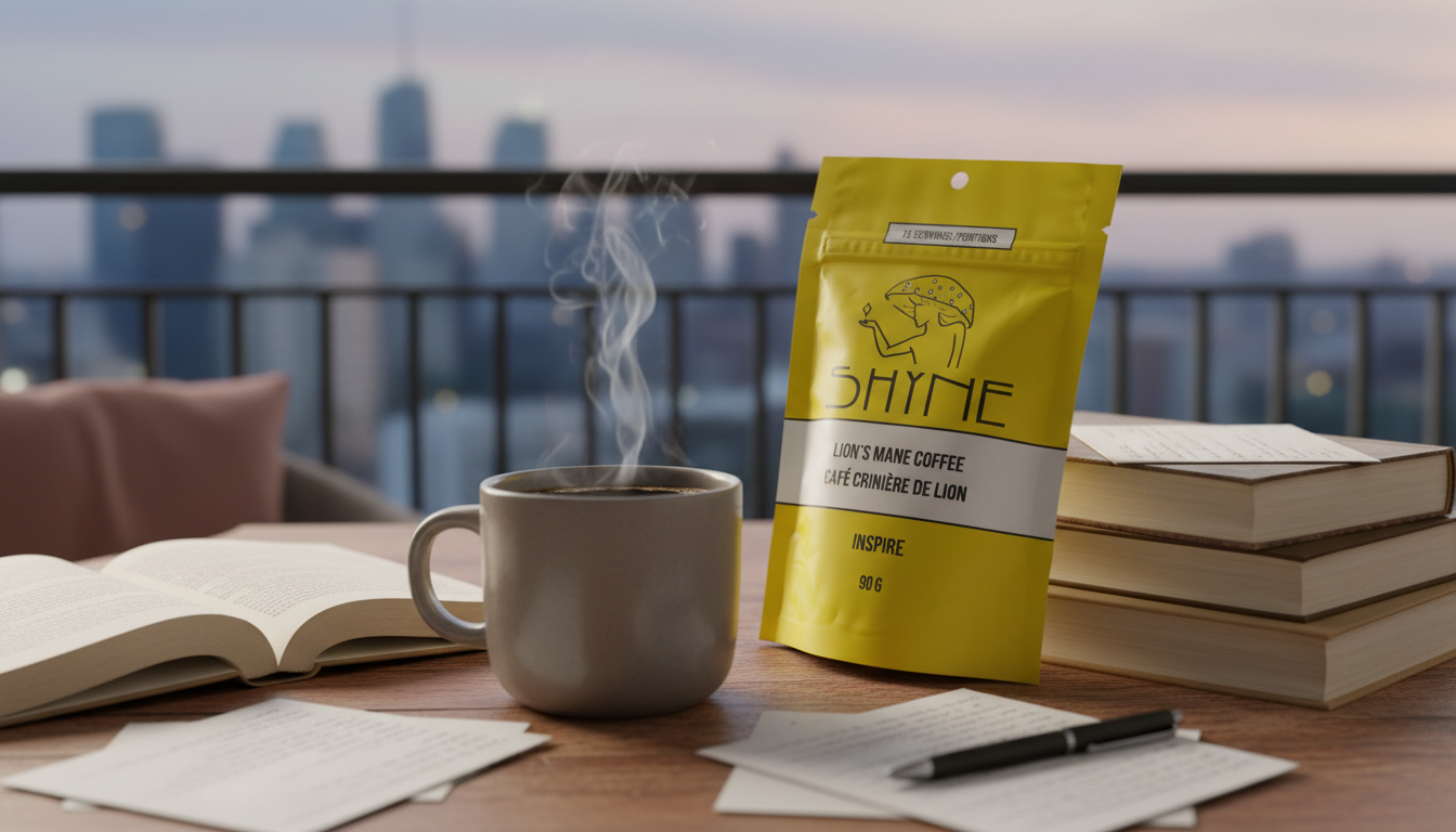 Close-up of steaming mushroom coffee cup on study desk with textbooks and notes, cozy academic atmosphere