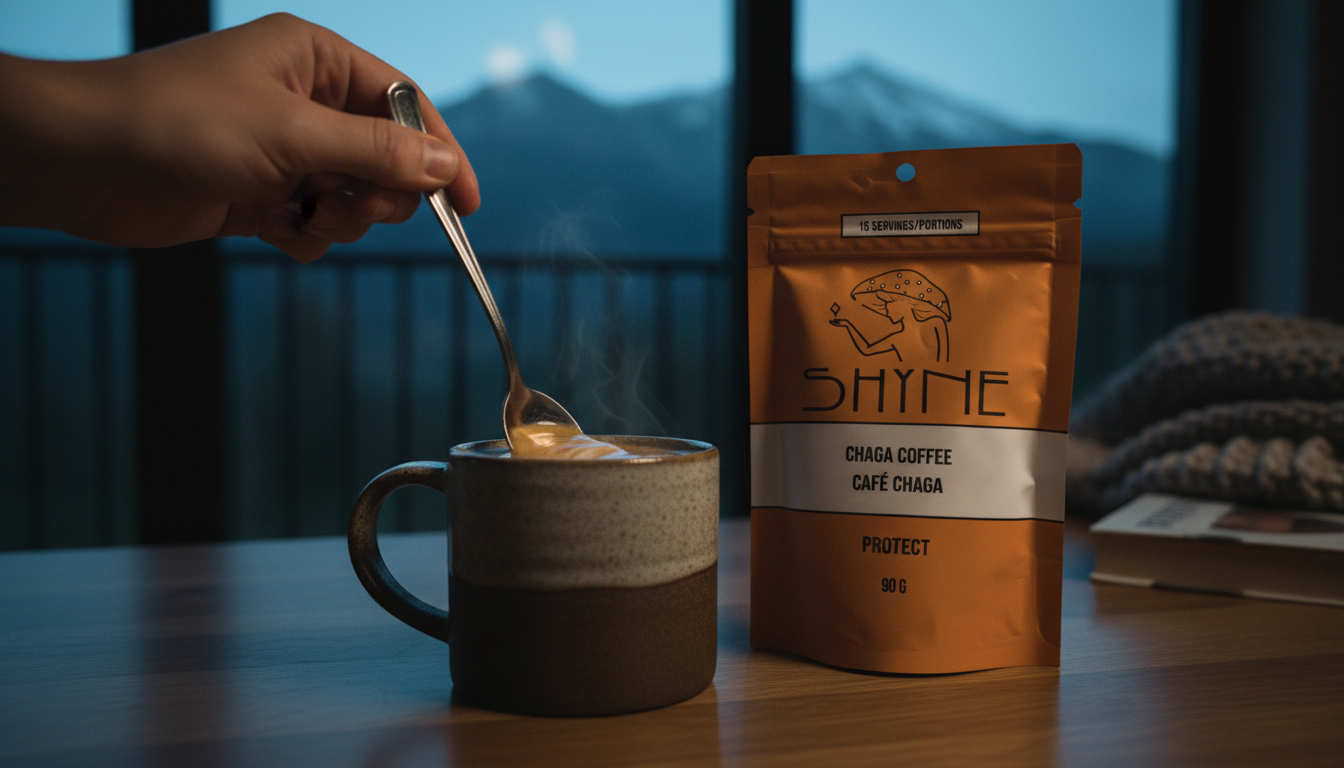 Close-up of rich, creamy Chaga coffee being stirred in ceramic mug, cozy morning setting