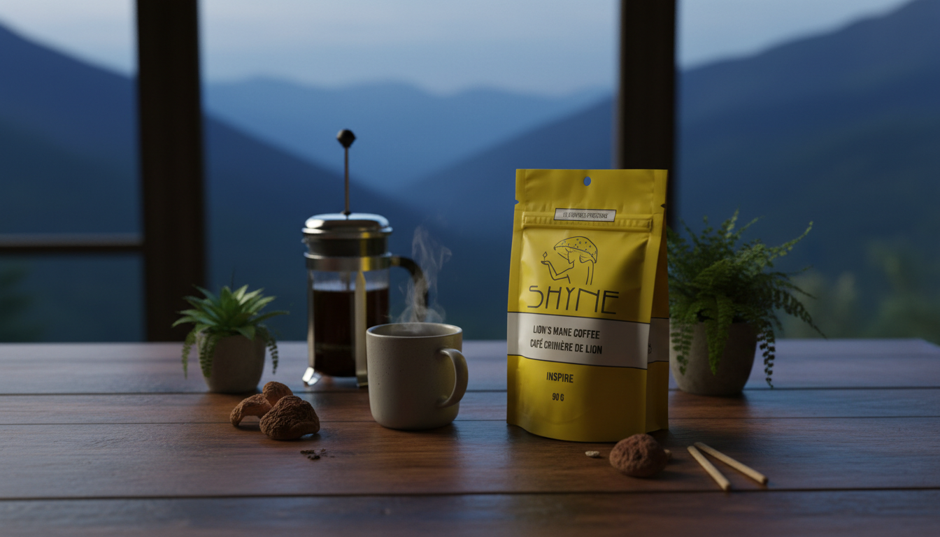 Peaceful morning scene with Shyne coffee products arranged on wooden table, natural lighting and plants