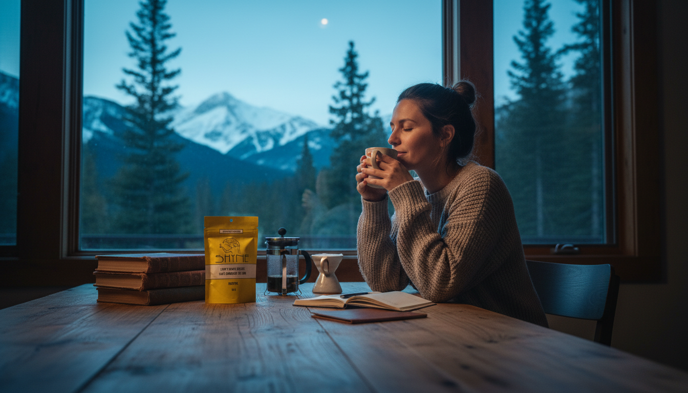 Person enjoying mushroom coffee at home office desk during morning fast, natural lighting