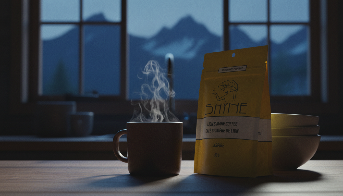 Close-up of mushroom coffee being prepared in modern kitchen, steam rising from cup