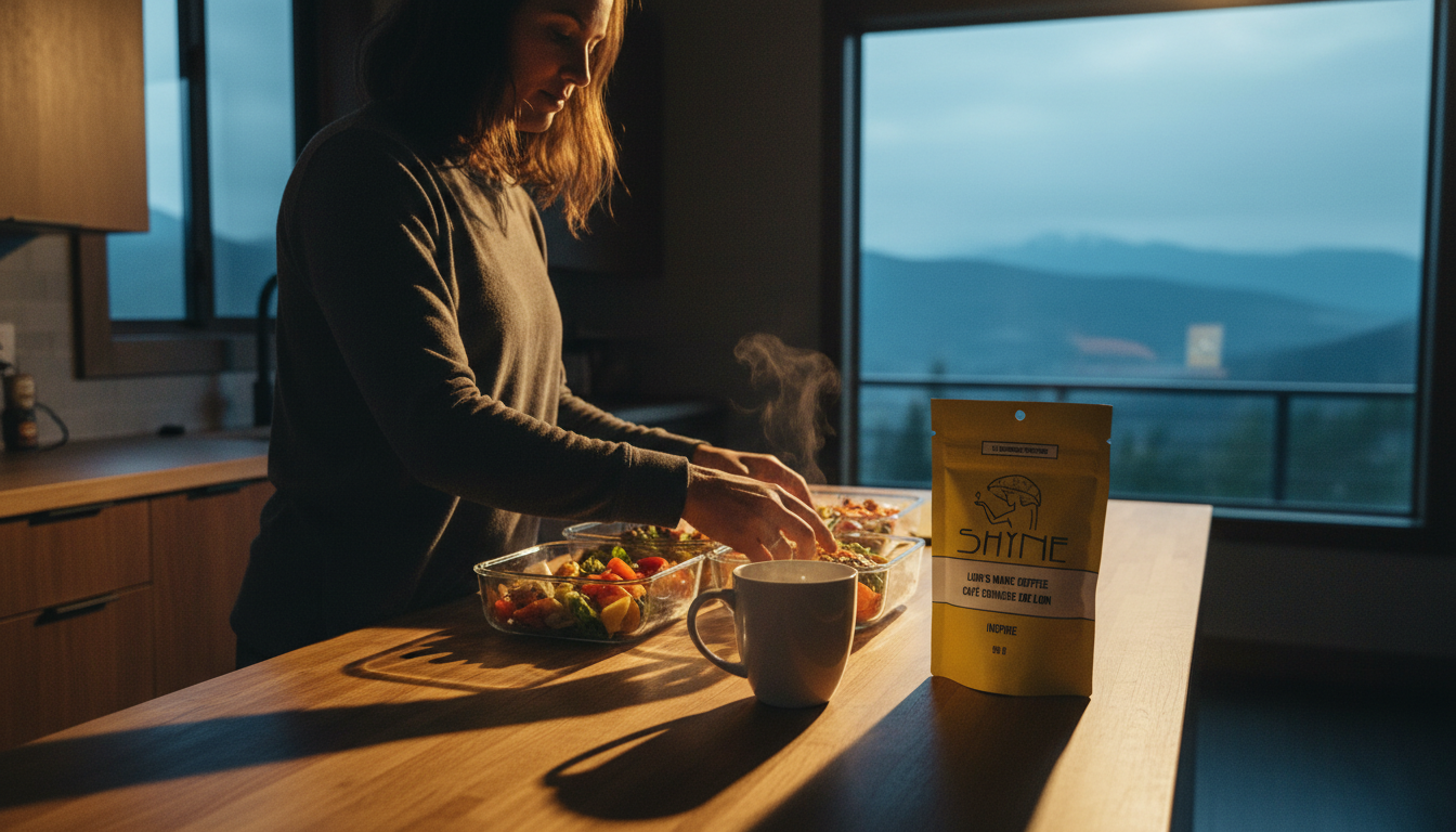 Person organizing meal prep containers in modern kitchen with mushroom coffee steaming nearby, morning sunlight