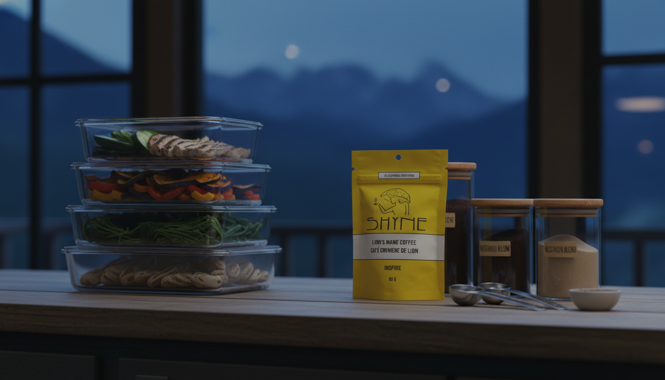 Organized kitchen counter with glass containers of mushroom coffee, measuring tools, and weekly meal prep containers arranged neatly