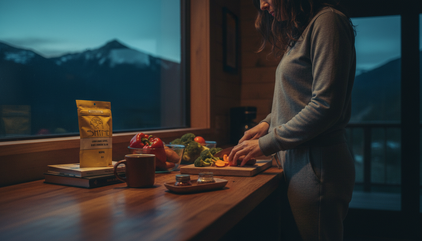 Person enjoying meal prep process in sunny kitchen, with Shyne coffee mug nearby and colorful prepared ingredients arranged on counter