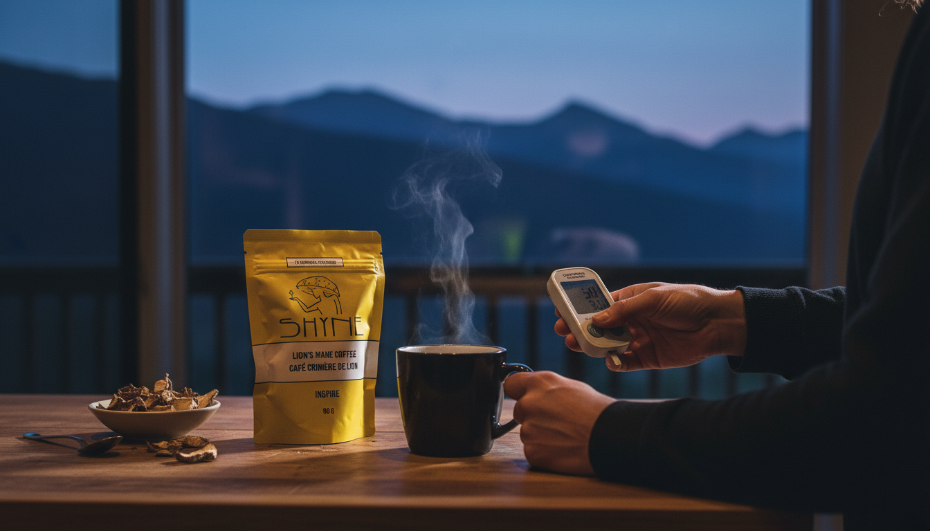 Close-up of hands checking blood sugar levels next to a steaming cup of mushroom coffee on kitchen counter