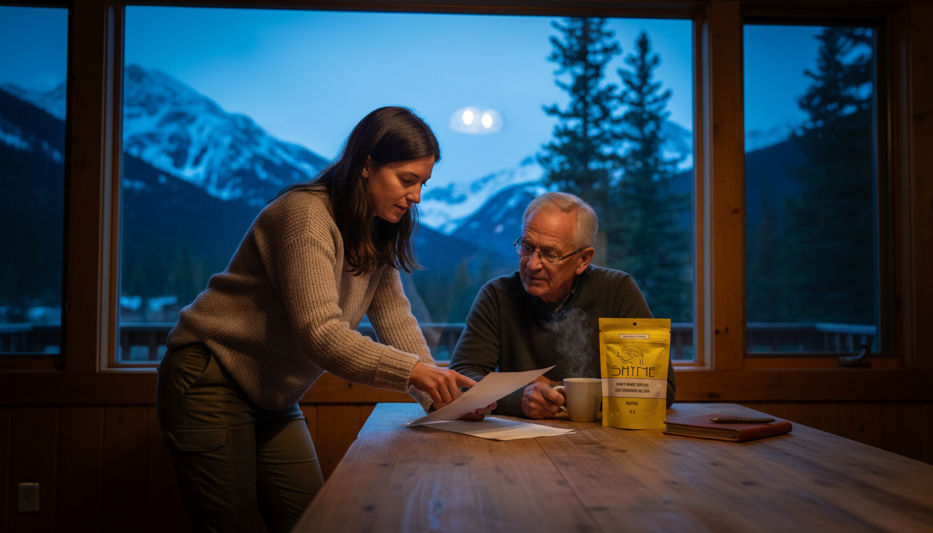 Healthcare provider and patient reviewing medication list together in bright, modern clinic setting with coffee cup nearby