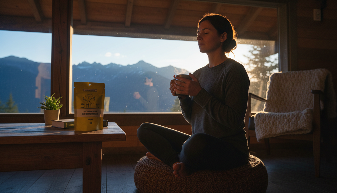 Person sitting peacefully with mushroom coffee cup, morning sunlight streaming through window, meditation cushion nearby