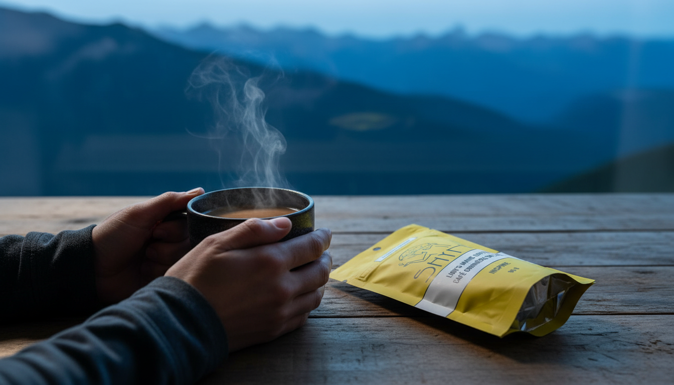 Close-up of hands holding warm mushroom coffee mug, steam rising, peaceful morning kitchen setting
