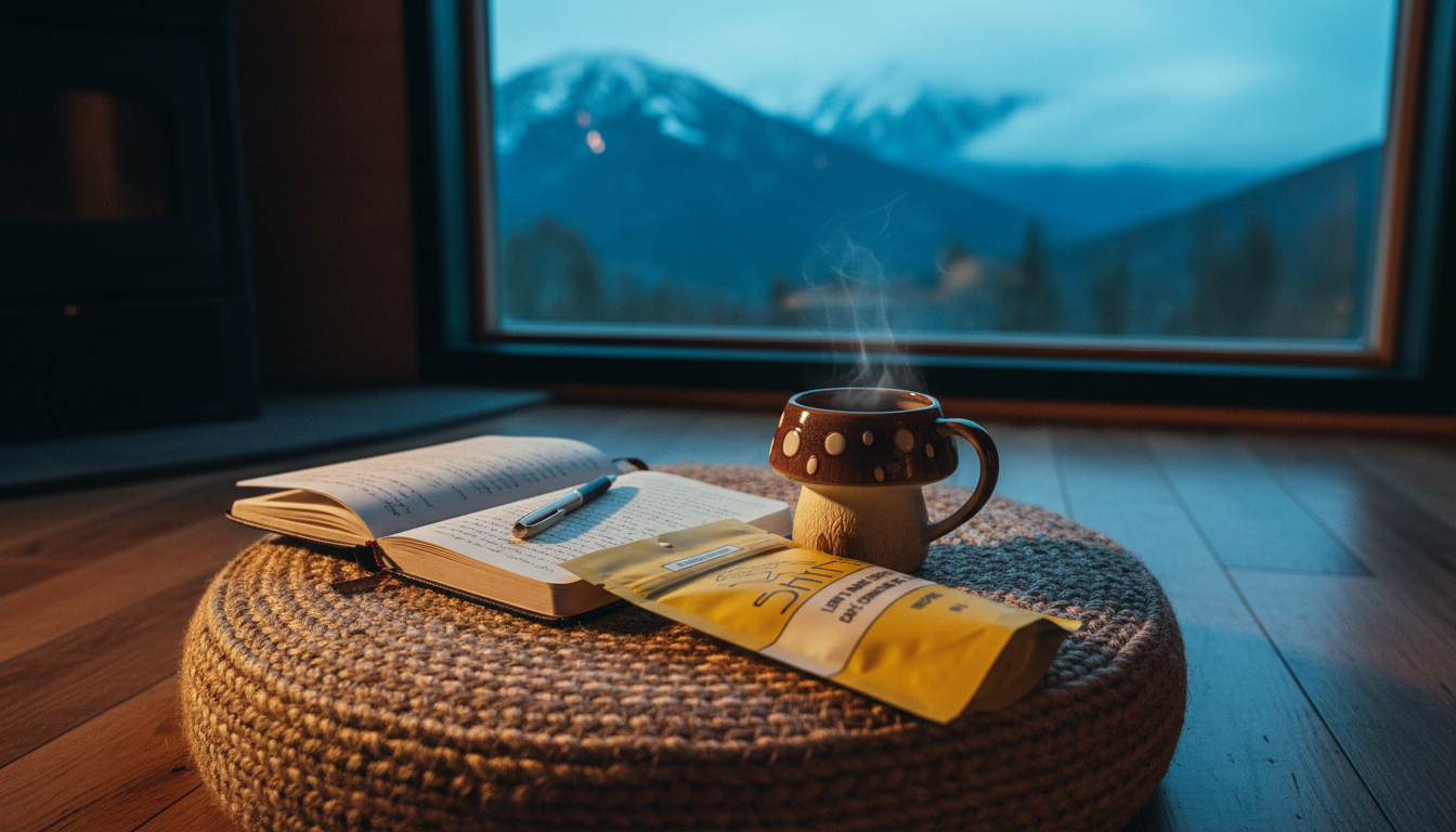 Cozy morning scene with journal, mushroom coffee cup, and meditation cushion, soft natural lighting