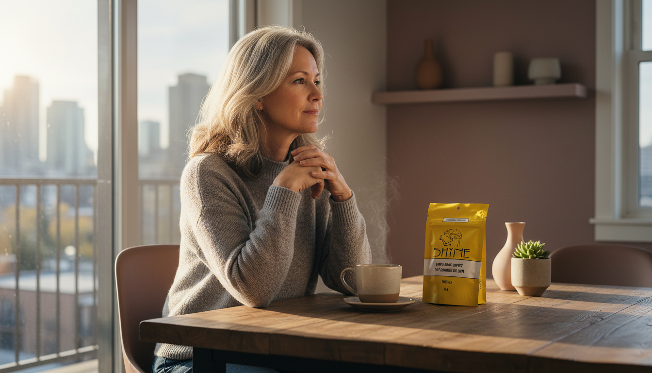 Woman in her 50s enjoying mushroom coffee at kitchen table with morning sunlight streaming through window
