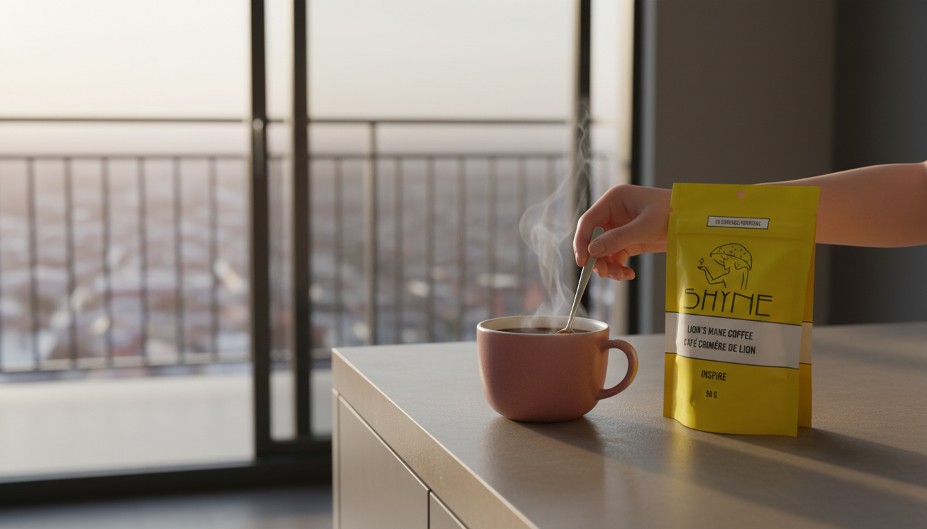 Close-up of Lion's Mane coffee being prepared in modern kitchen with steam rising from cup