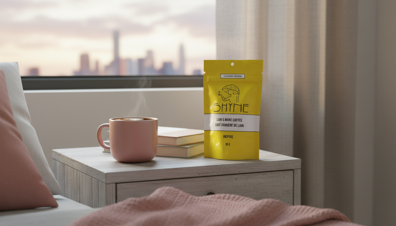 Cozy morning scene with Shyne coffee mug on bedside table, soft natural lighting, peaceful bedroom setting