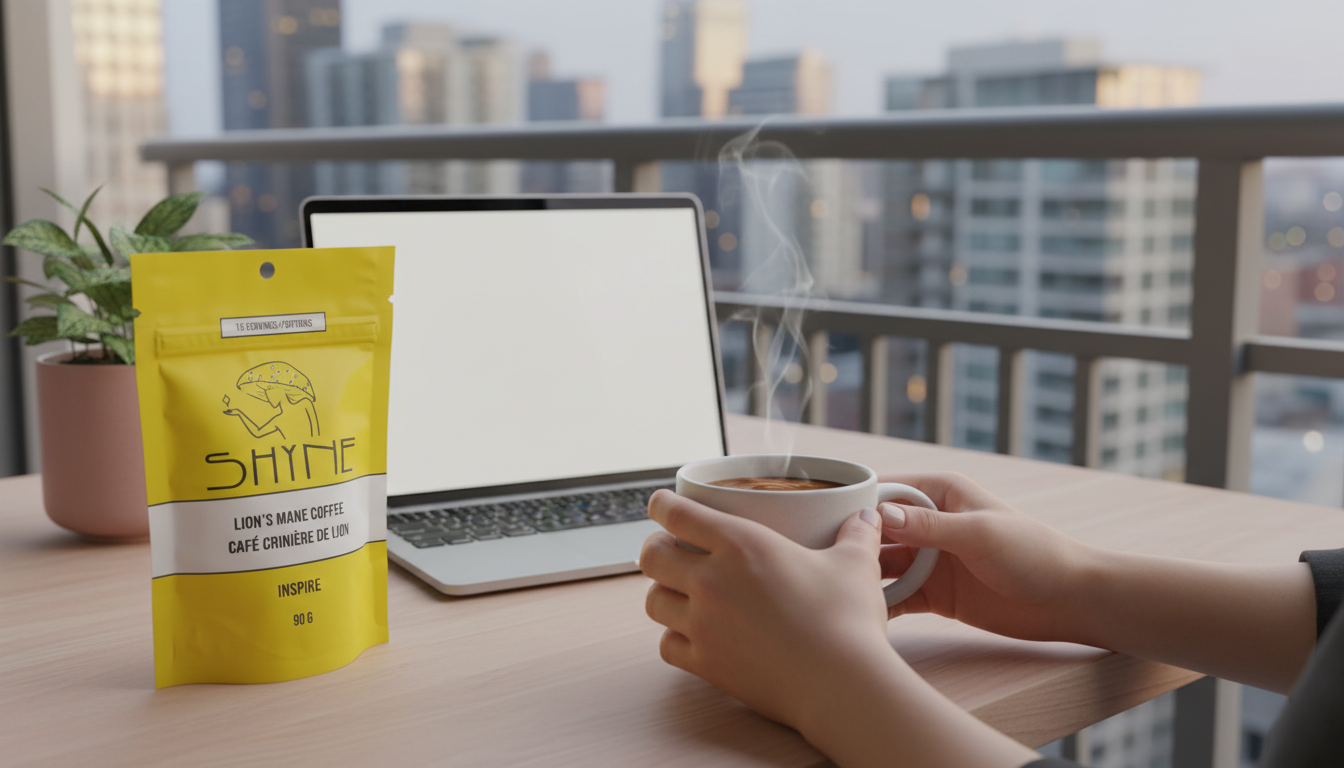 Close-up of hands holding warm mug of mushroom coffee, cozy home office setting with laptop in background