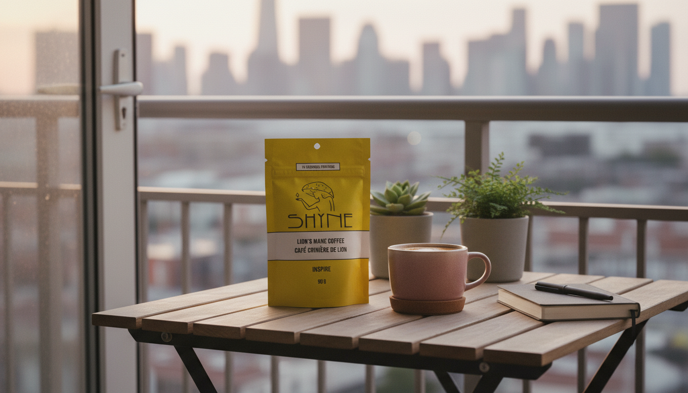 Serene morning scene with mushroom coffee, journal, and plants on wooden table, soft natural lighting