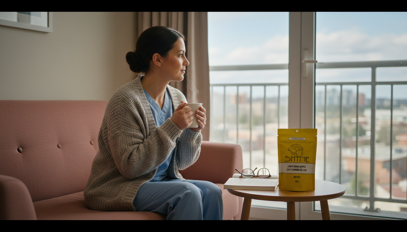 Nurse enjoying mushroom coffee during break in hospital staff room, soft lighting