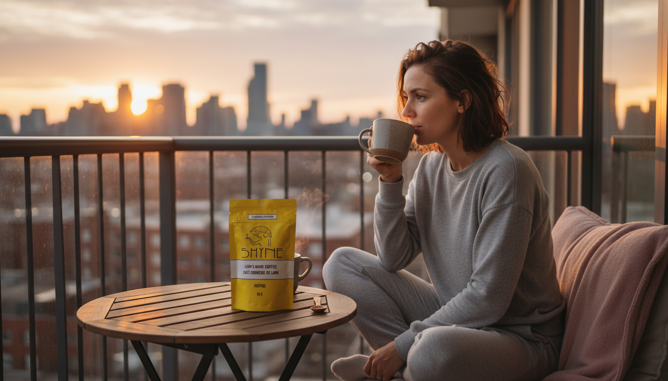 Healthcare worker relaxing at home with mushroom coffee after shift, cozy evening atmosphere