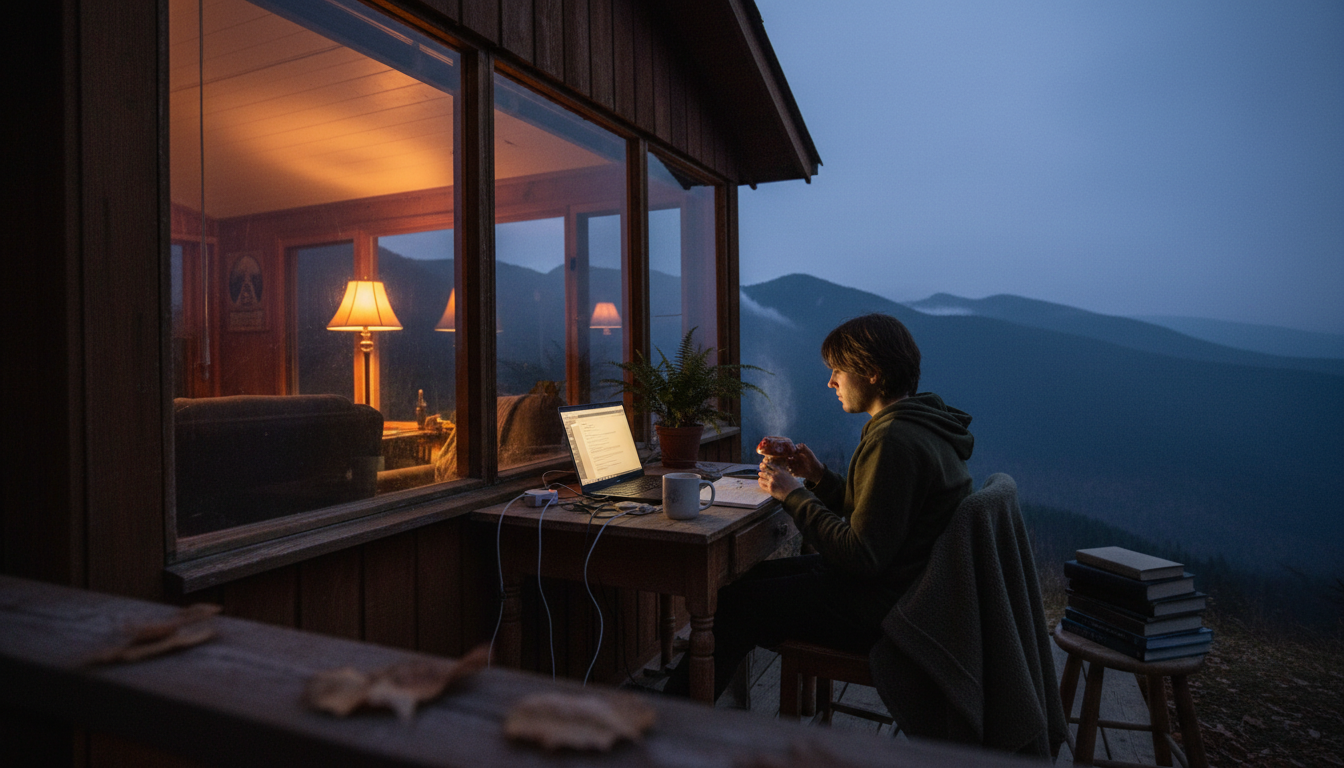 Remote worker enjoying mushroom coffee at organized home office desk, natural morning light