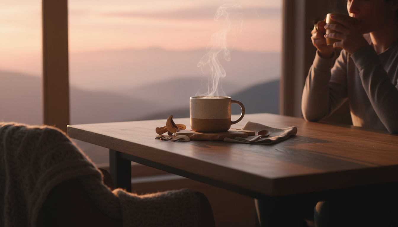 Close-up of mushroom coffee being prepared in modern home kitchen, steam rising from cup