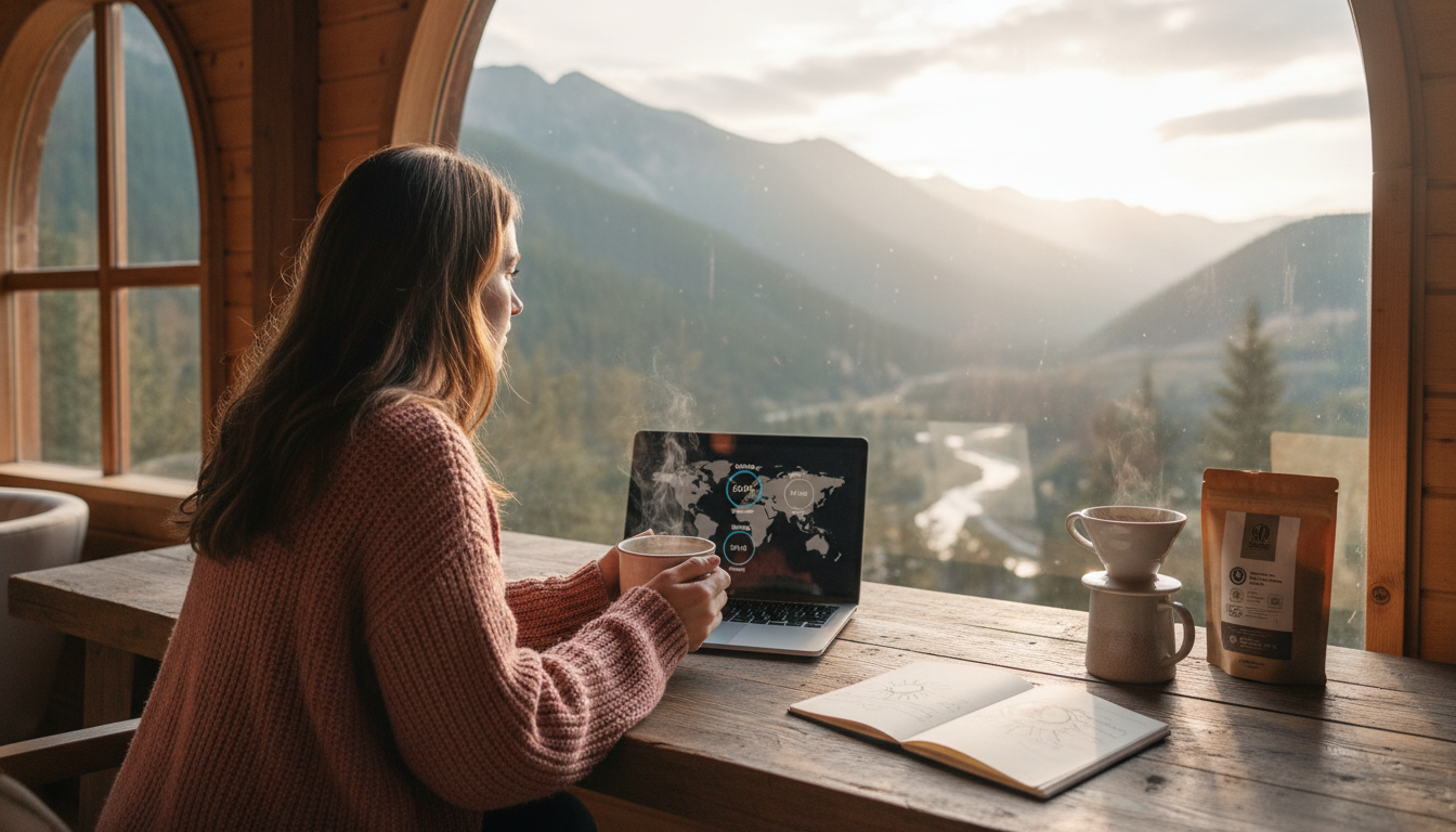 Organized home office setup with mushroom coffee cup, laptop, and natural lighting from window