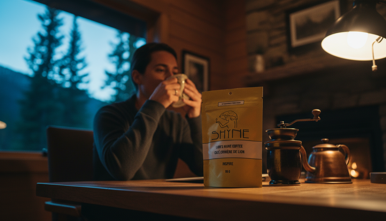 Person enjoying mushroom coffee at cozy home office with evening light, relaxed atmosphere