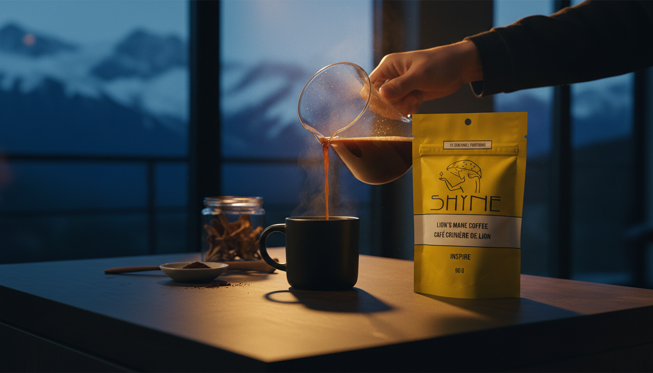 Close-up of mushroom coffee being prepared in modern kitchen with warm morning light