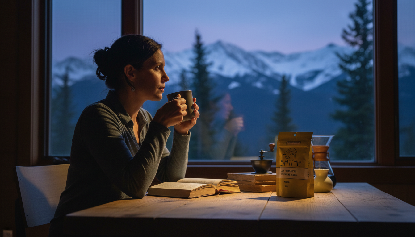 Teacher enjoying mushroom coffee at classroom desk during morning preparation, natural sunlight