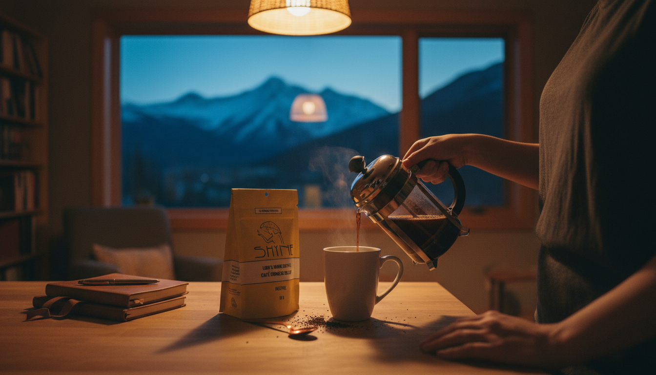 Close-up of mushroom coffee being prepared in school staff room, morning routine