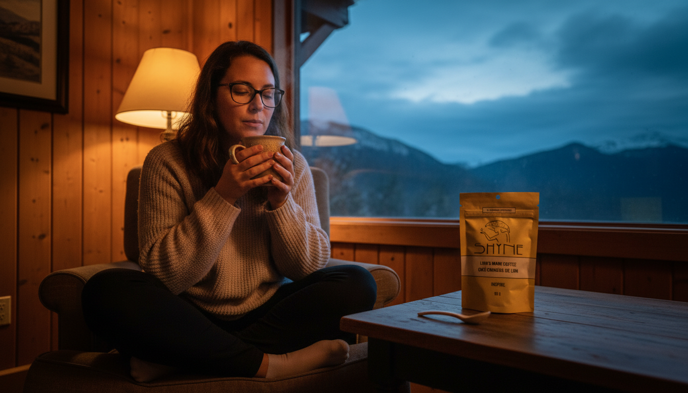 Teacher relaxing with mushroom coffee during lunch break, peaceful staff room setting