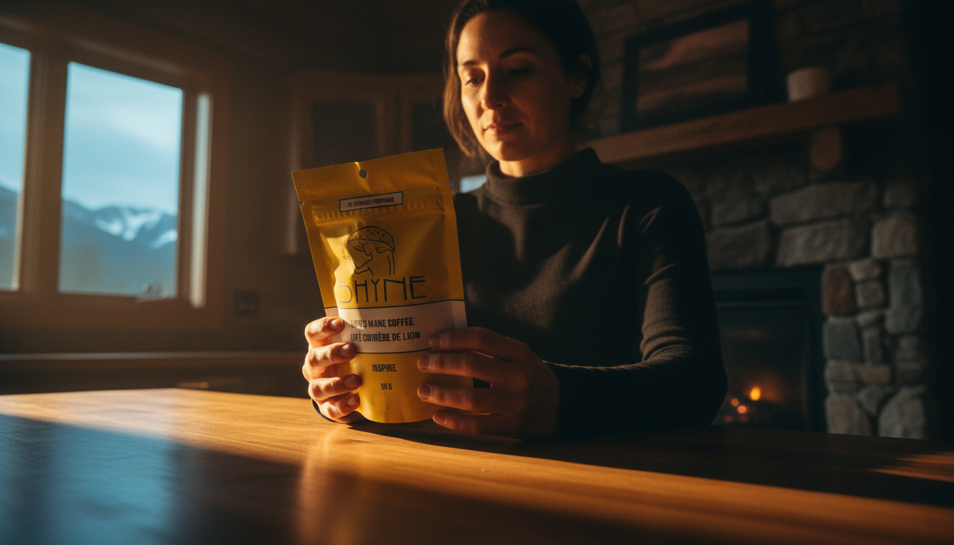 Person examining mushroom coffee product label at kitchen counter with morning light streaming through window
