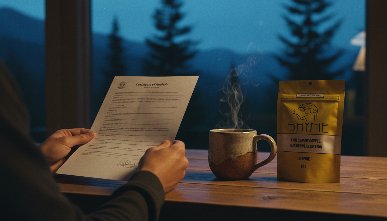 Close-up of hands holding COA document next to mushroom coffee cup on wooden desk