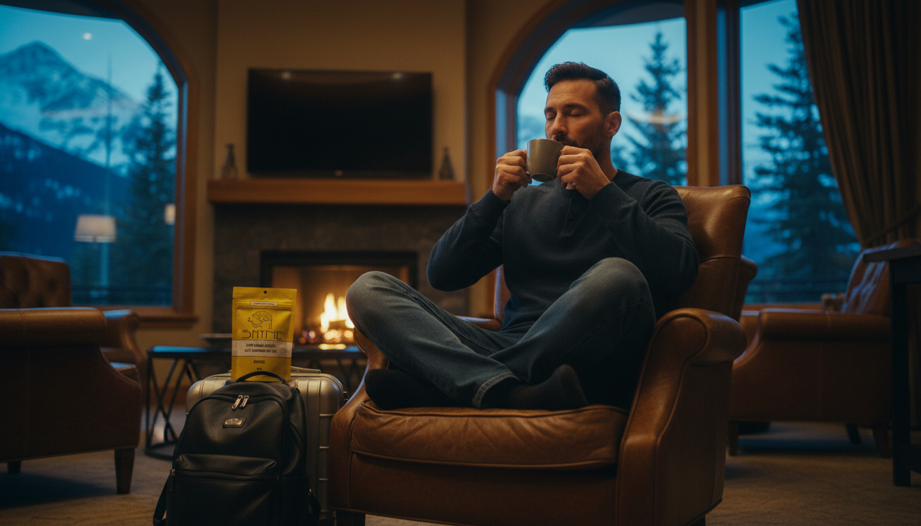 Professional traveller enjoying mushroom coffee in airport lounge with luggage nearby