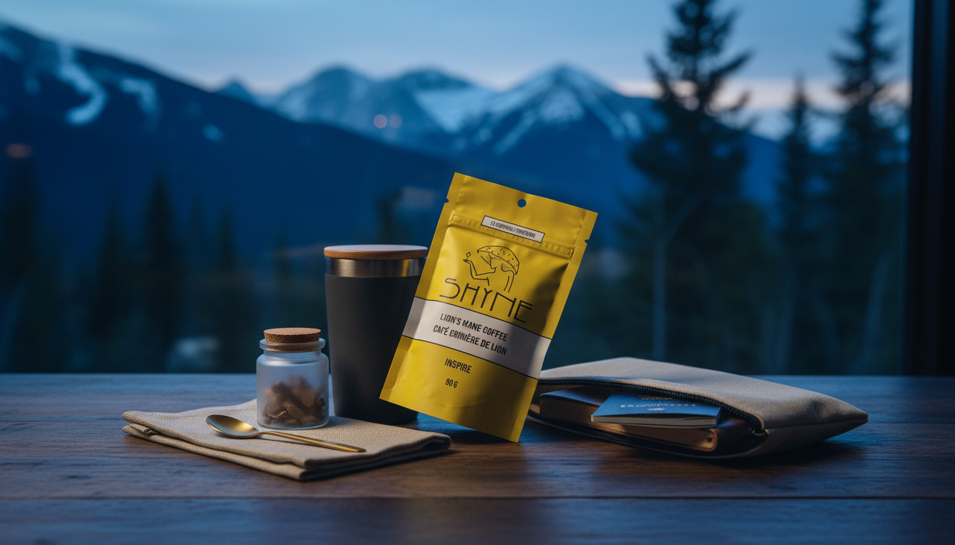 Neatly organised travel kit with mushroom coffee packets and travel mug on hotel room desk