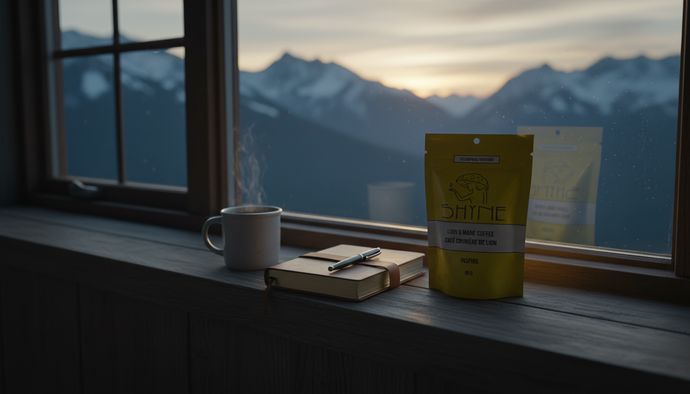 Sunrise view from hotel window with mushroom coffee and travel journal on windowsill