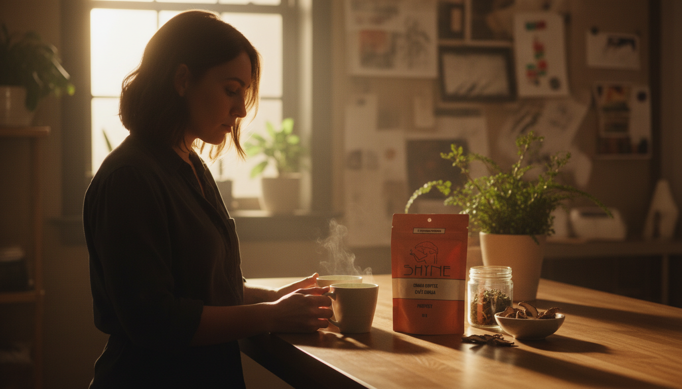 Person comparing mushroom coffee and green tea at kitchen counter, morning light
