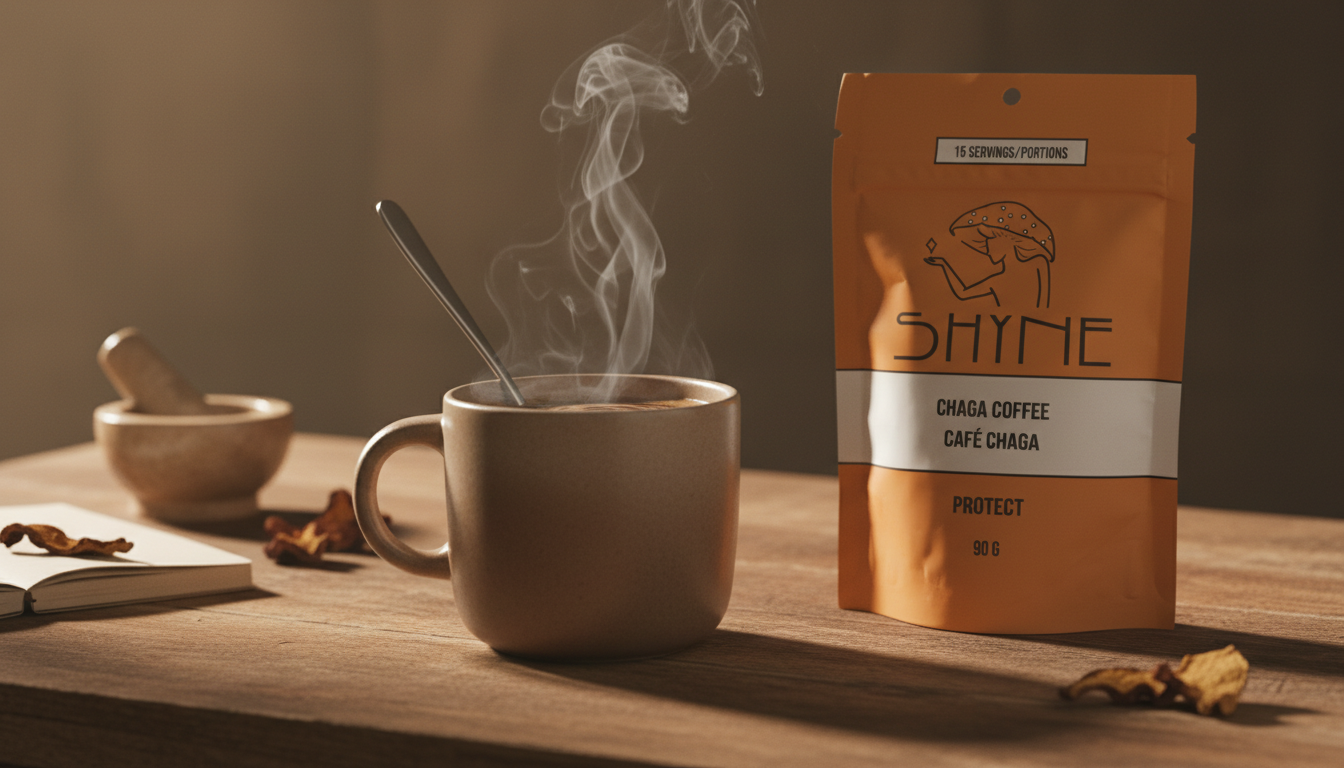 Close-up of mushroom coffee being stirred in modern mug, steam rising