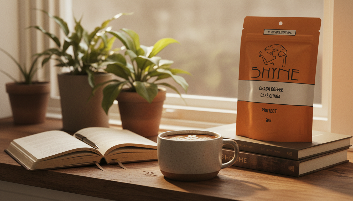 Cozy morning scene with mushroom coffee mug, journal, and plants on windowsill