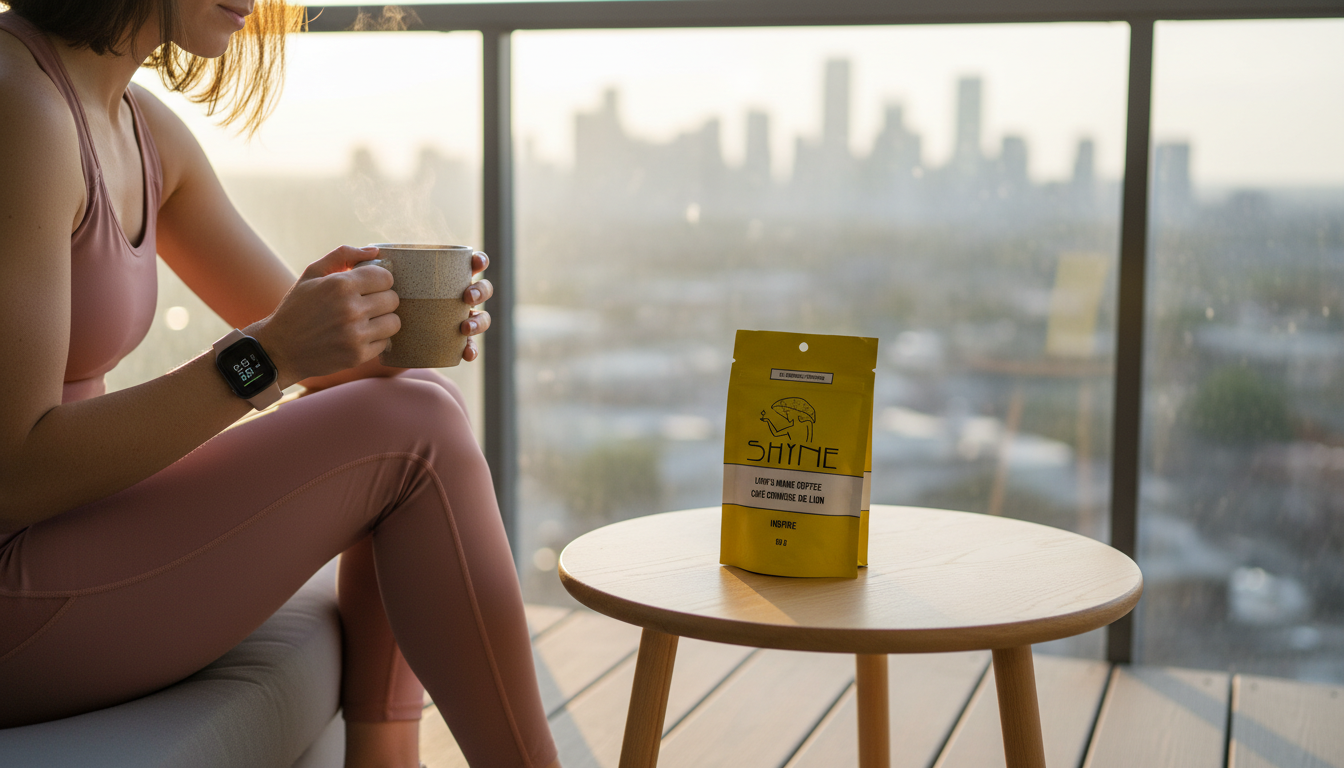 Person checking fitness watch while holding steaming cup of mushroom coffee, natural morning light