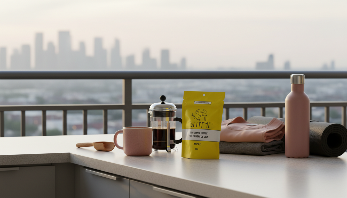 Well-organized kitchen counter with mushroom coffee preparation setup and workout gear in background