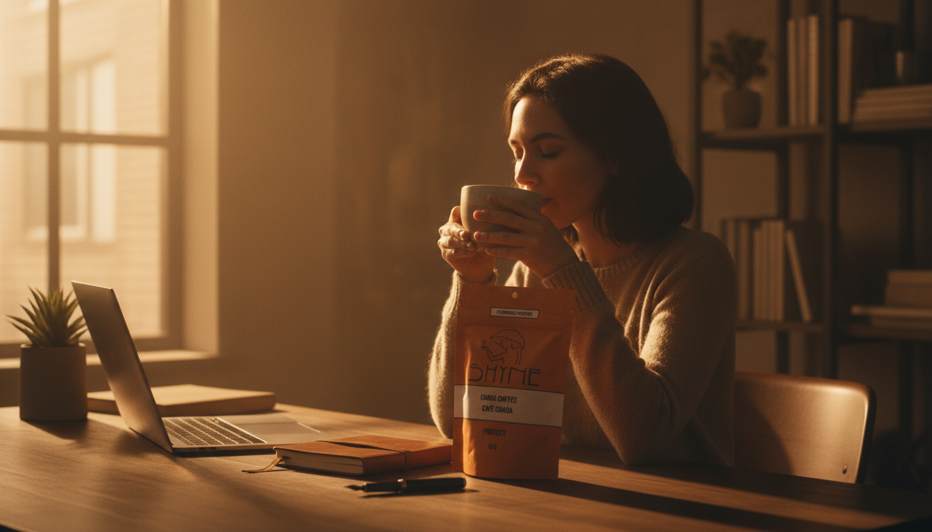 Person enjoying mushroom coffee at home office desk, morning light streaming through window