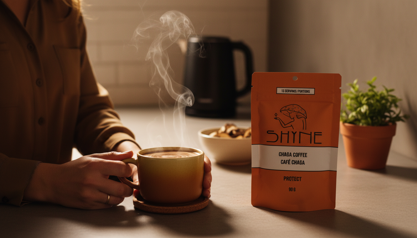 Close-up of mushroom coffee being prepared in modern kitchen, steam rising from cup