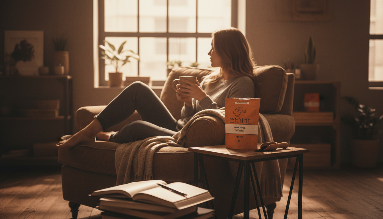 Cozy lifestyle scene with Shyne coffee product and person relaxing in comfortable chair, natural lighting