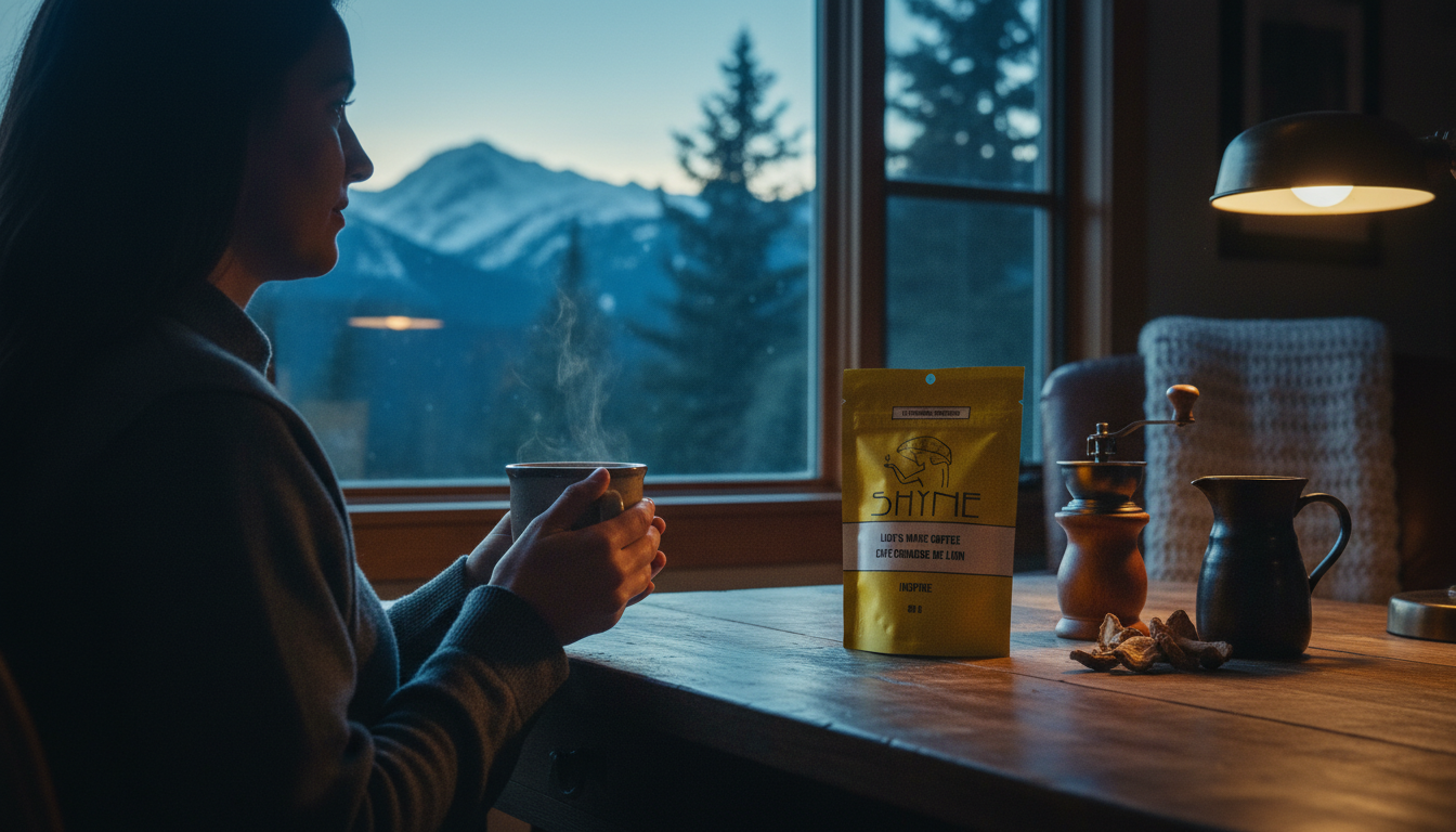 Person enjoying mushroom coffee at home office desk, morning light streaming through window