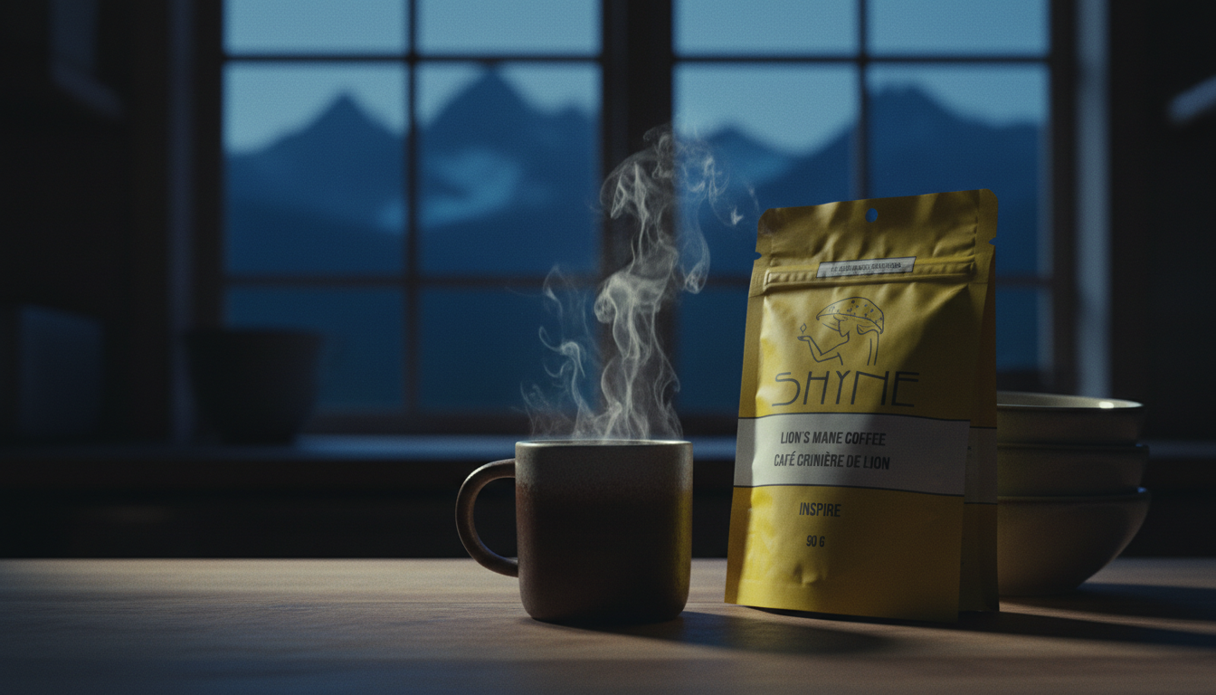 Close-up of mushroom coffee being prepared in modern kitchen, steam rising from cup