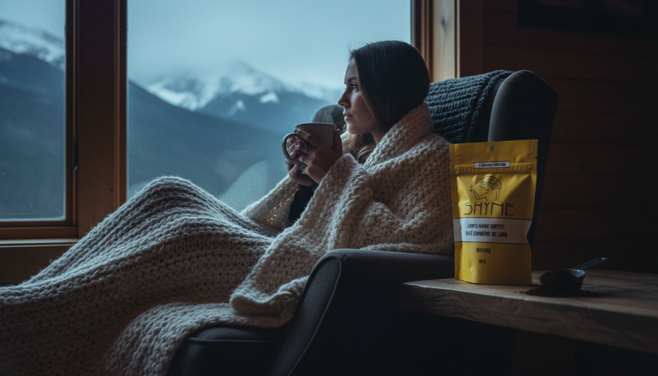Person enjoying mushroom coffee by a window on a grey winter morning, cozy blanket