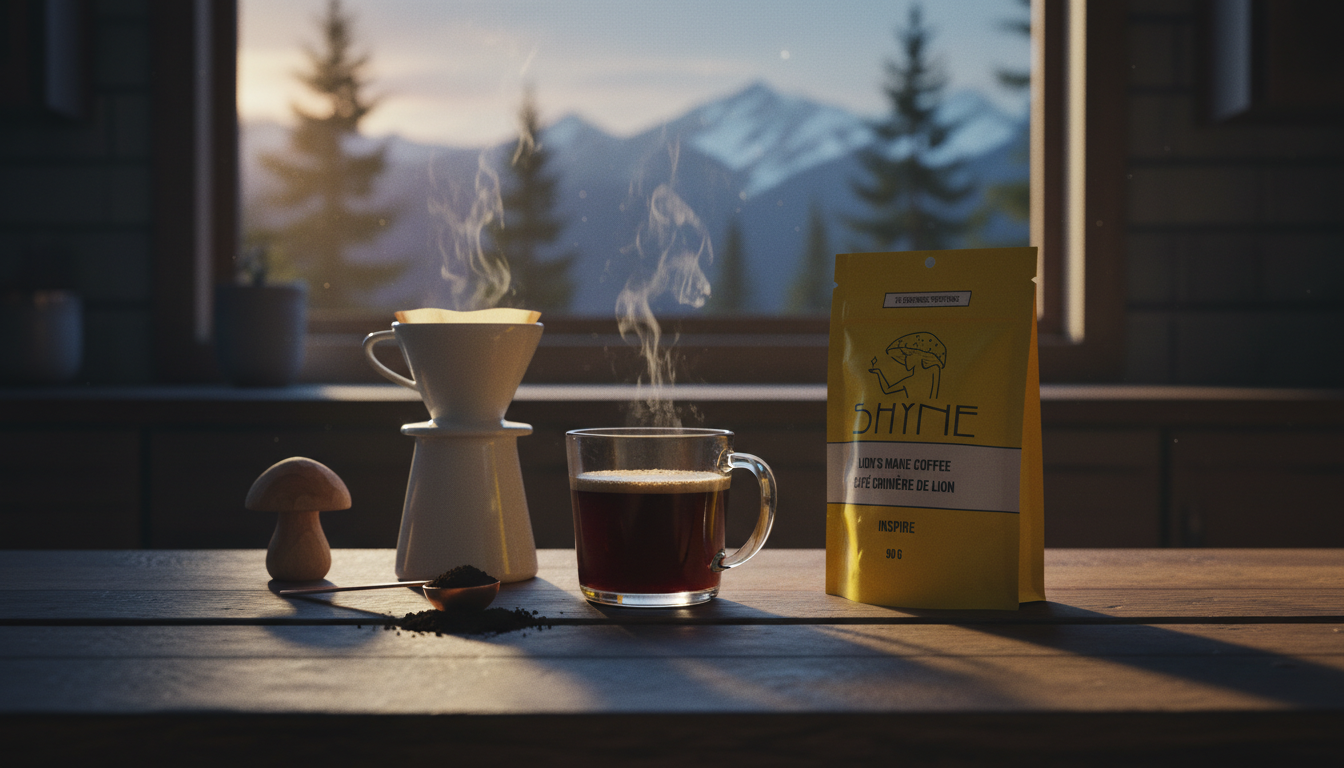 Cozy kitchen scene with mushroom coffee preparation, morning sunlight streaming through window