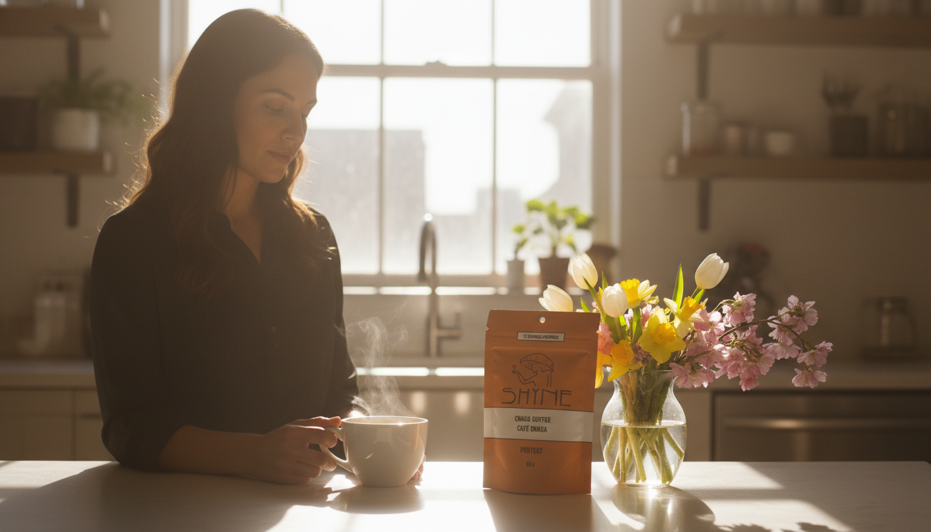 Person enjoying mushroom coffee at bright kitchen counter with spring flowers, morning sunlight streaming through window