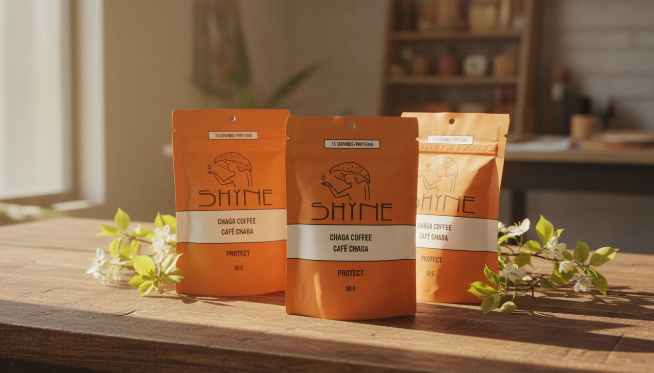 Three Shyne coffee varieties arranged on wooden table with spring greenery, natural lighting