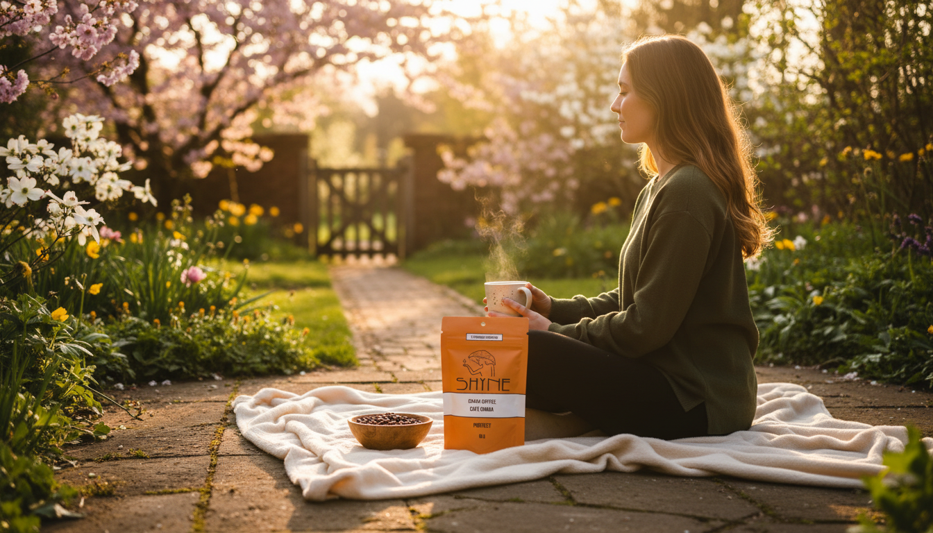 Person relaxing outdoors with Shyne mushroom coffee, spring garden setting, peaceful morning atmosphere
